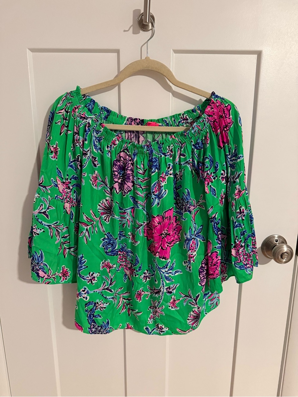 Lilly Pulitzer Green Off-Shoulder Floral Blouse - Picture 1 of 5